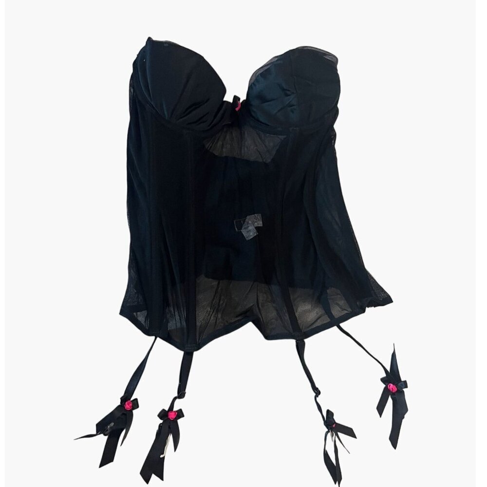 Jezebel Strapless Corset Women's Size 34B Black with Pink Rosettes Excellent con